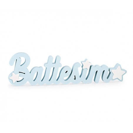 SCRITTA LEGNO BATTESIMO 55x30x14,7cm AZZURRO