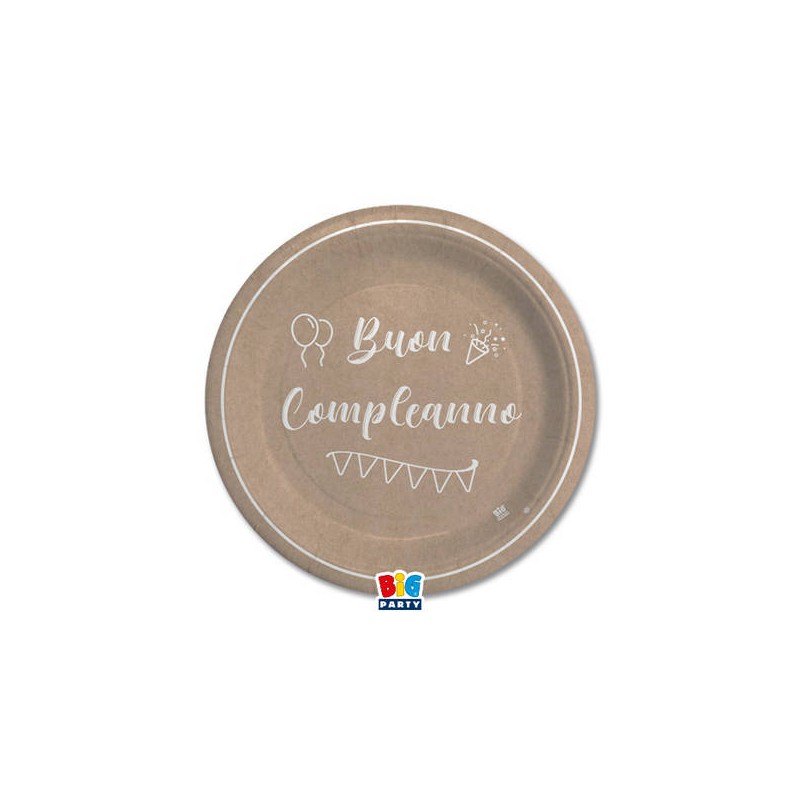 PIATTI CARTA DESSERT ø18cm BUON COMPLEANNO KRAFT 8pz