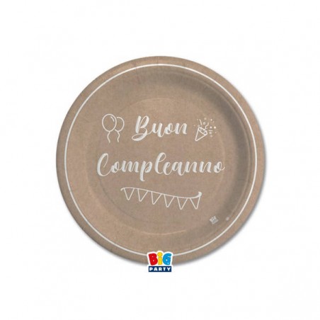 PIATTI CARTA DESSERT ø18cm BUON COMPLEANNO KRAFT 8pz
