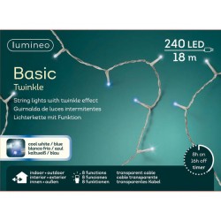 LUCI 240 LED 18mt FILO TRASP - BIANCO FREDDO - BLU INT/EST 8 FUNZIONI