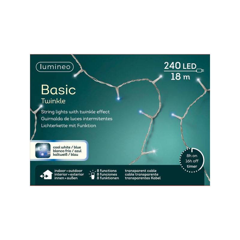 LUCI 240 LED 18mt FILO TRASP - BIANCO FREDDO - BLU INT/EST 8 FUNZIONI