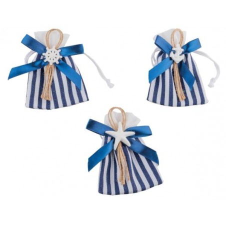 SACCHETTO MARE RIGHE BIANCO-BLU E APPL GESSO H.11cm 3ass 12pz