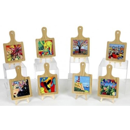 SOTTOPENTOLA IN LEGNO E CERAMICA STILE NAIF 7,6x7,6x7,8cm con gift box