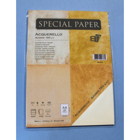 SPECIAL PAPER Carta ACQUERELLO AVORIO A4 - cm. 21x29,7 160 gr/mq