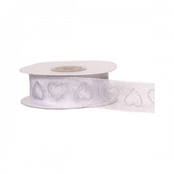 NASTRO ORGANZA C/GLITTER CUORI mm25x15mt COL.13 BIANCO-ARG