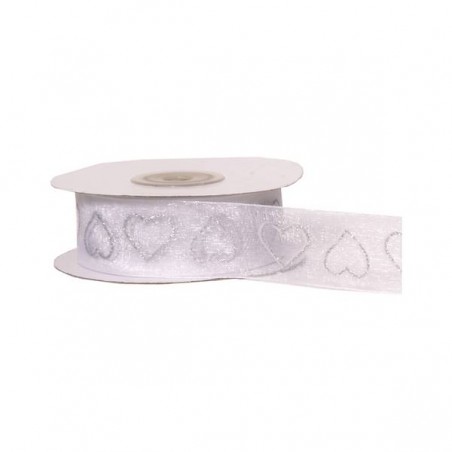 NASTRO ORGANZA C/GLITTER CUORI mm25x15mt COL.13 BIANCO-ARG