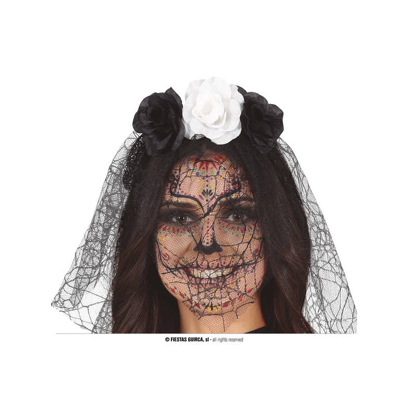 CERCHIETTO FIORI NERI BIANCHI CON VELO