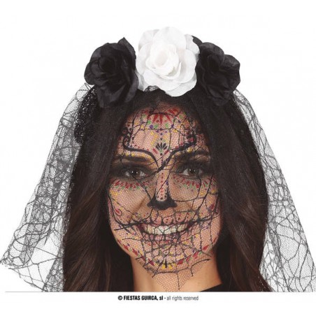 CERCHIETTO FIORI NERI BIANCHI CON VELO