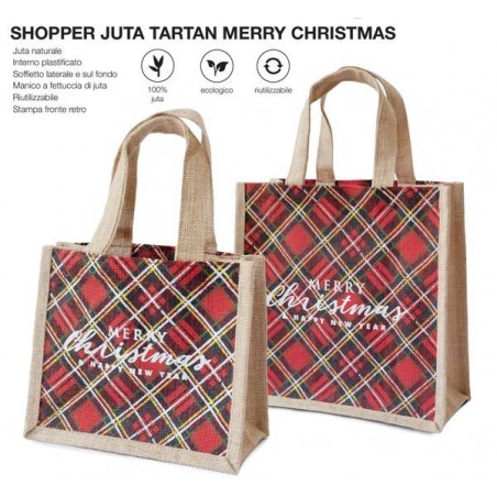 BORSA JUTA CON SOFFIETTO TARTAN MERRY CHRISTMAS 22+12x19cm