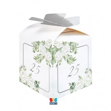 SCATOLINA CUBETTO PORTACONFETTI 5x7x5cm 25ANNI EUCALIPTO 10pz