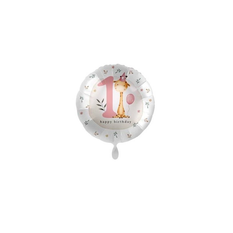 PALLONE MYLAR TONDO 45cm 1°COMPLEANNO GIRAFFA ROSA