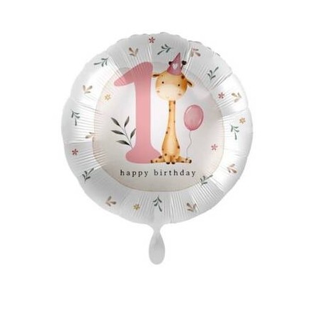 PALLONE MYLAR TONDO 45cm 1°COMPLEANNO GIRAFFA ROSA