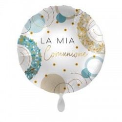 PALLONE MYLAR TONDO 45cm LA MIA COMUNIONE GOLDEN BLUE