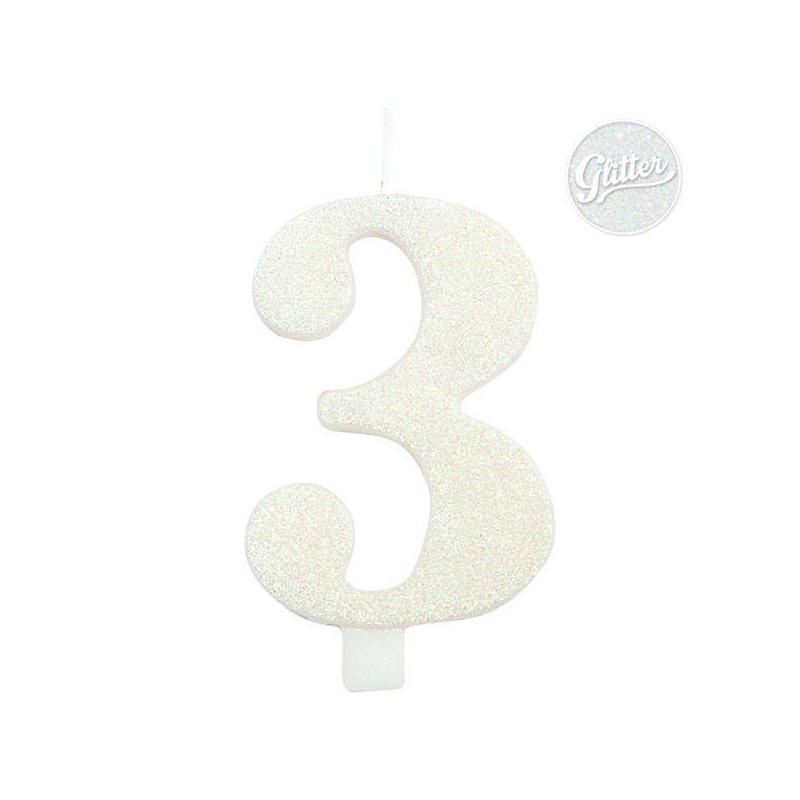 CANDELINA NUMERO 3 GLITTER BIANCA 9,5cm