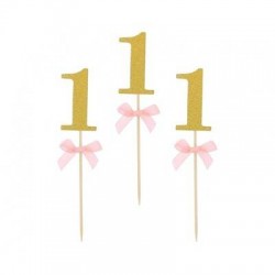 PICKS NUMERO 1 ORO GLITTER C/FIOCCO ROSA10pz