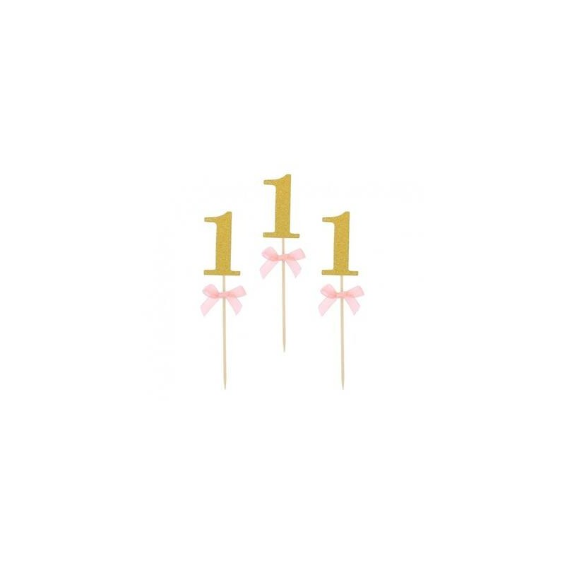 PICKS NUMERO 1 ORO GLITTER C/FIOCCO ROSA10pz