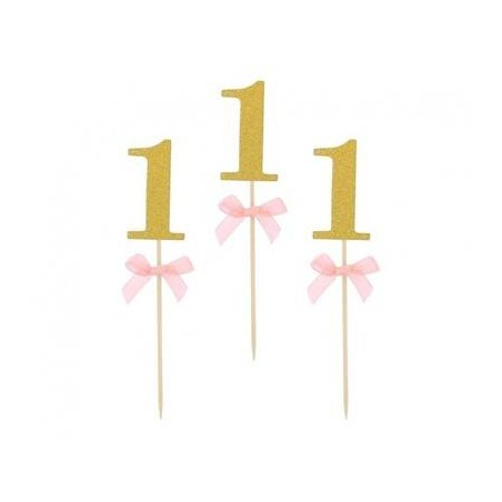 PICKS NUMERO 1 ORO GLITTER C/FIOCCO ROSA10pz