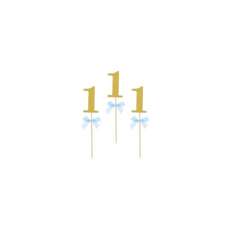 PICKS NUMERO 1 ORO GLITTER C/FIOCCO AZZURRO 10pz