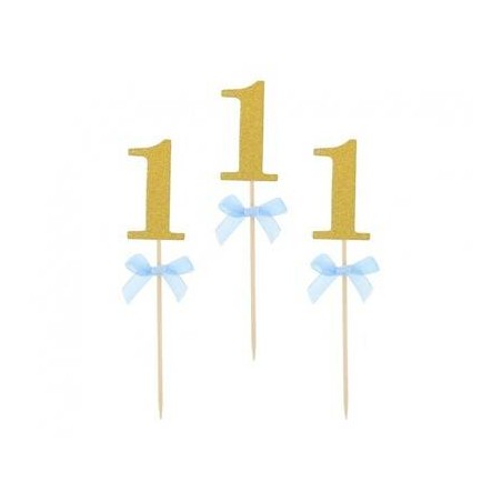 PICKS NUMERO 1 ORO GLITTER C/FIOCCO AZZURRO 10pz