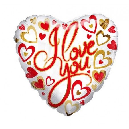 PALLONE MYLAR CUORE I LOVE YOU CUORI ORO E ROSSO 18 43cm