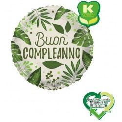 PALLONE MYLAR BUON COMPLEANNO FOGLIE VERDI TONDO K-GREEN 18 45cm