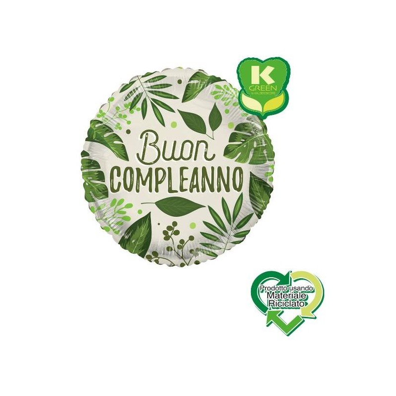 PALLONE MYLAR BUON COMPLEANNO FOGLIE VERDI TONDO K-GREEN 18 45cm