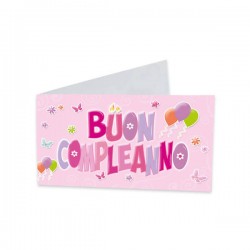 BIGLIETTINO BOMBONIERA 9x2,5cm BUON COMPLEANNO ROSA 25pz