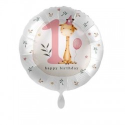 PALLONE MYLAR TONDO 45cm 1°COMPLEANNO GIRAFFA ROSA
