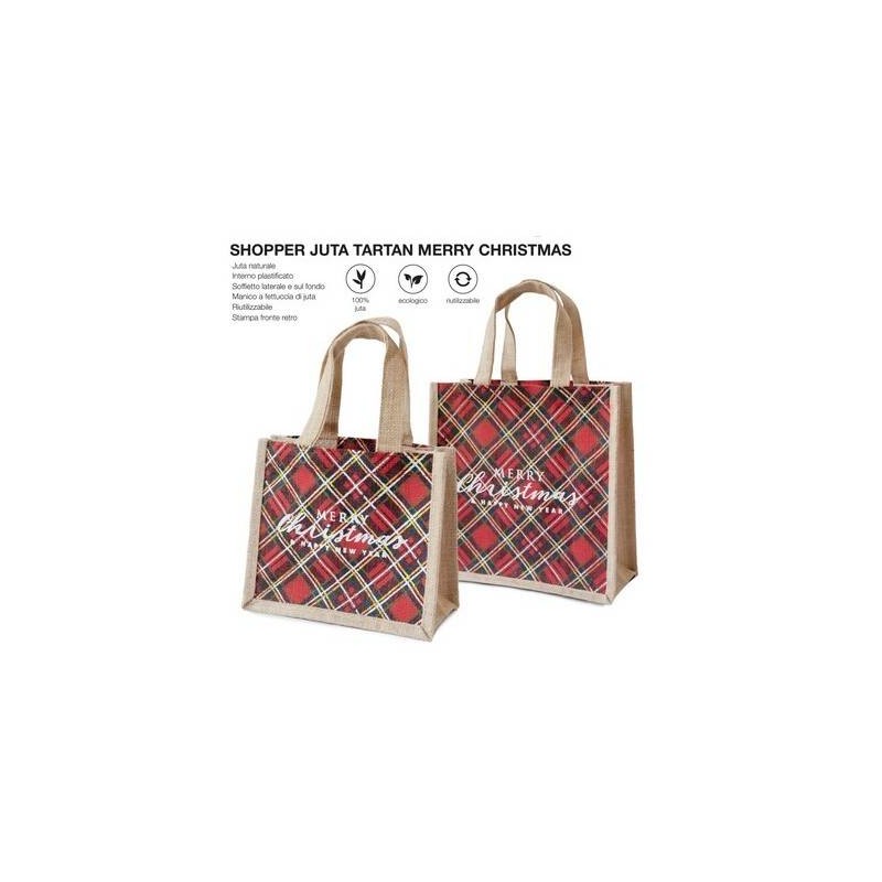 BORSA JUTA CON SOFFIETTO TARTAN MERRY CHRISTMAS 22+12x19cm