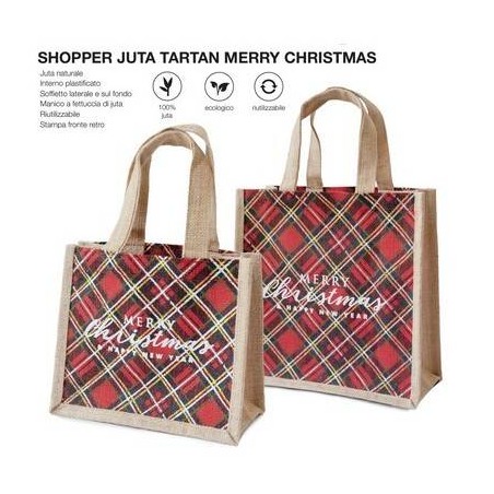 BORSA JUTA CON SOFFIETTO TARTAN MERRY CHRISTMAS 22+12x19cm