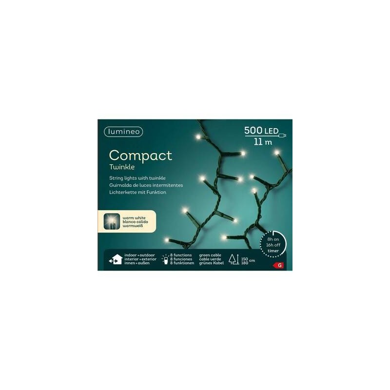 LED COMPACT 500 LUCI BIANCO CALDO 11mt INTERMITTENTI FILO VERDE INT/EST