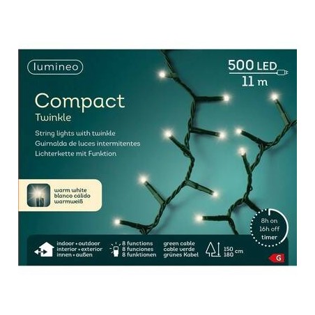 LED COMPACT 500 LUCI BIANCO CALDO 11mt INTERMITTENTI FILO VERDE INT/EST