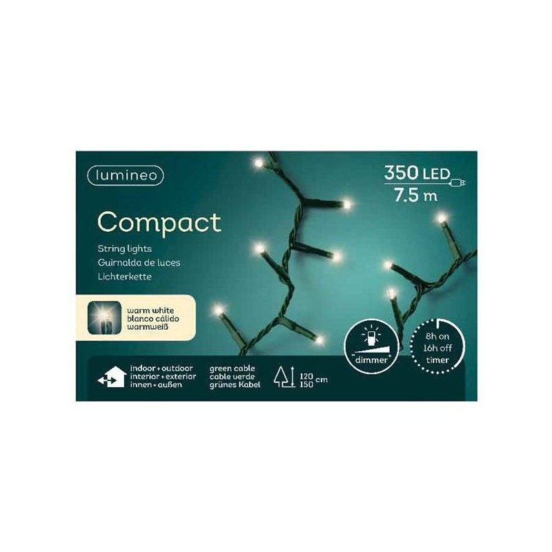LED COMPACT 350 LUCI BIANCO CALDO 7,5mt FISSE FILO VERDE DA ESTERNO