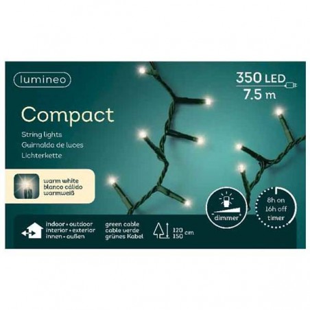 LED COMPACT 350 LUCI BIANCO CALDO 7,5mt FISSE FILO VERDE DA ESTERNO