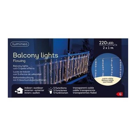 LUCE PER BALCONE 220 LED 2x1mt - BIANCO CALDO - FILO TRASP- 5 FUNZ.