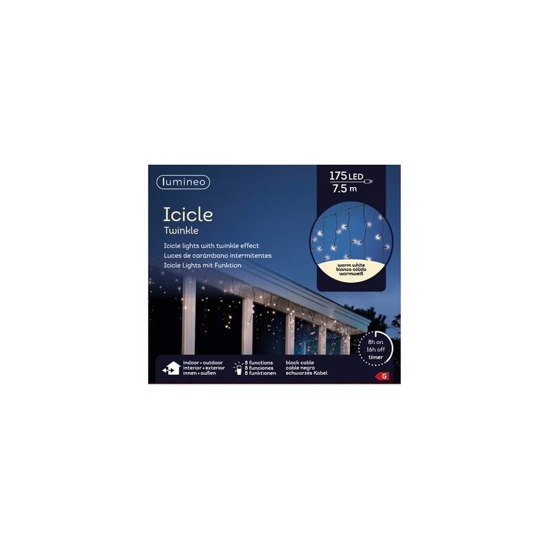 TENDA LUCE GHIACCIOLI 175 LED 7,5mt - FILO NERO - BIANCO CALDO - INT/EST 8 FUNZ.