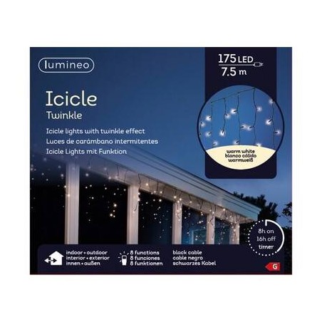 TENDA LUCE GHIACCIOLI 175 LED 7,5mt - FILO NERO - BIANCO CALDO - INT/EST 8 FUNZ.