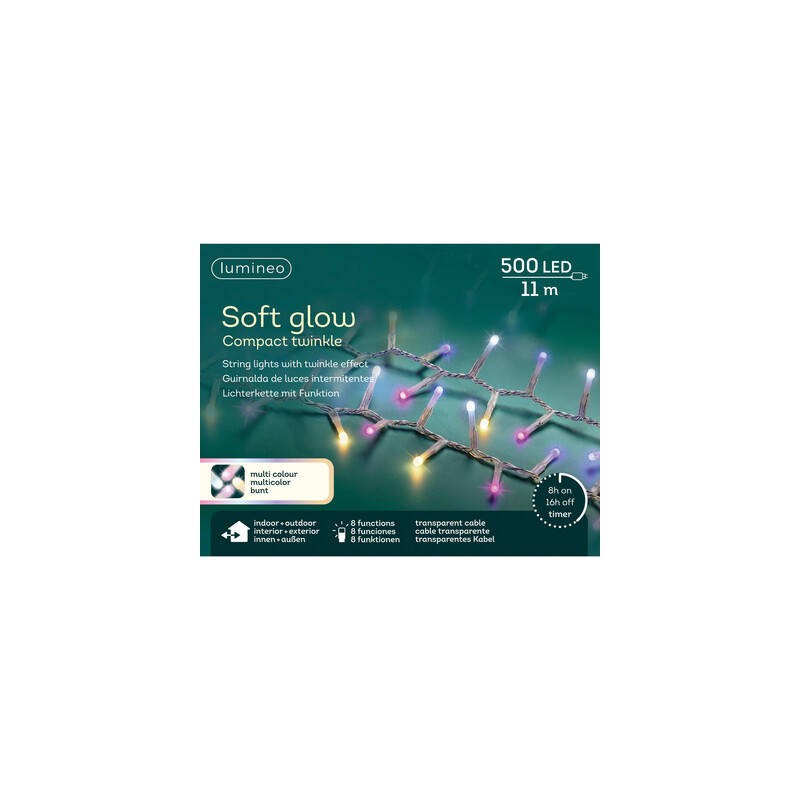 LED SOFT GLOW 500 LUCI MULTICOLOR 11mt INTERMITTENTI FILO BIANCO DA ESTERNO
