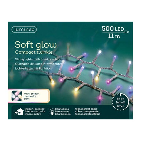 LED SOFT GLOW 500 LUCI MULTICOLOR 11mt INTERMITTENTI FILO BIANCO DA ESTERNO