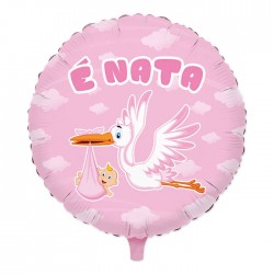 PALLONE MYLAR TONDO 45cm CICOGNA NUVOLA ROSA
