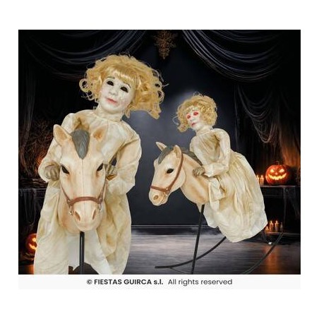 BAMBOLA SU CAVALLO A DONDOLO C/LUCE SUONO E MOV. 135cm