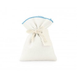 SACCHETTO AVORIO PIZZO AZZURRO C/BIGLIETTO COTONE 10x13cm 12pz