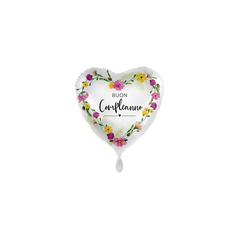 PALLONE MYLAR CUORE 18  BUON COMPLEANNO FIORI