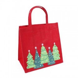 BORSINA JUTA ROSSA STAMPA ALBERI VERDI cm25x15x25h