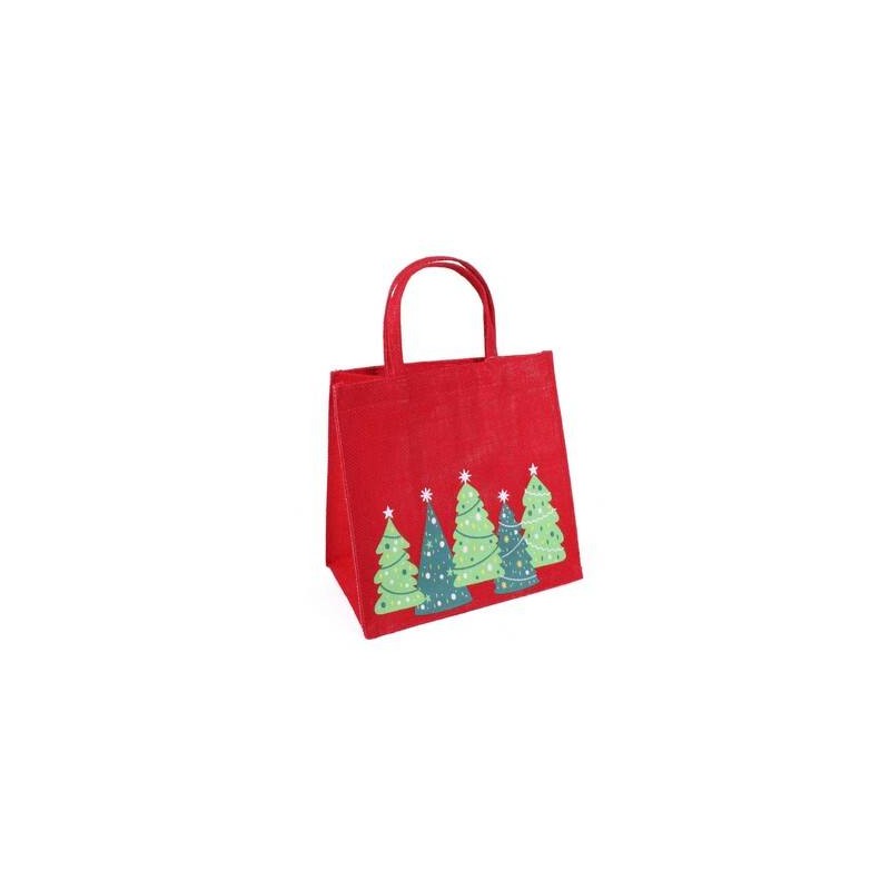 BORSINA JUTA ROSSA STAMPA ALBERI VERDI cm25x15x25h