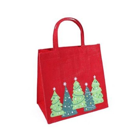 BORSINA JUTA ROSSA STAMPA ALBERI VERDI cm25x15x25h