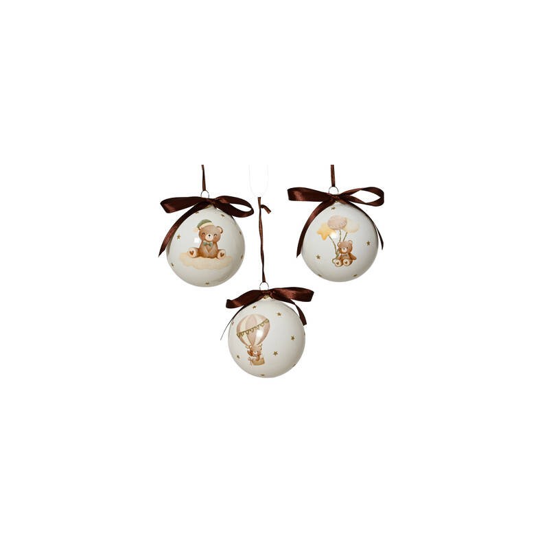 PALLINA DI VETRO ø8cm DISEGNO TEDDY BEARS  E FIOCCO MARRONE