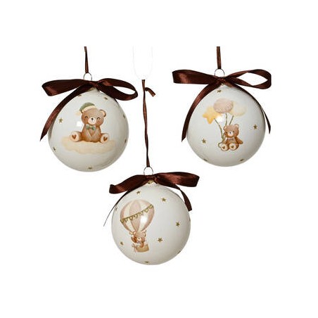 PALLINA DI VETRO ø8cm DISEGNO TEDDY BEARS  E FIOCCO MARRONE