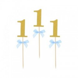 PICKS NUMERO 1 ORO GLITTER C/FIOCCO AZZURRO 10pz