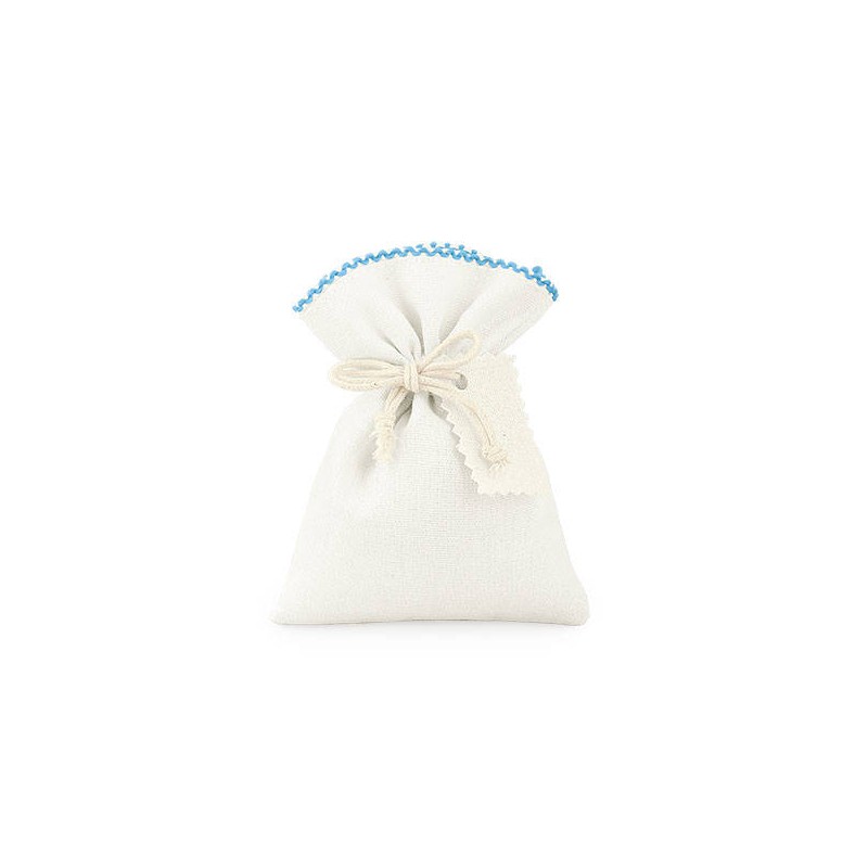 SACCHETTO AVORIO PIZZO AZZURRO C/BIGLIETTO COTONE 10x13cm 12pz
